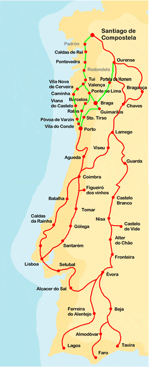 Mapa das diversas rotas do Caminho de Santiago em Portugal